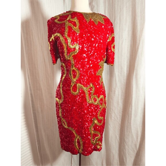 Laurence Kazar Dress Size M Women’s Vintage Red Gold Mini Sequined Evening Dress